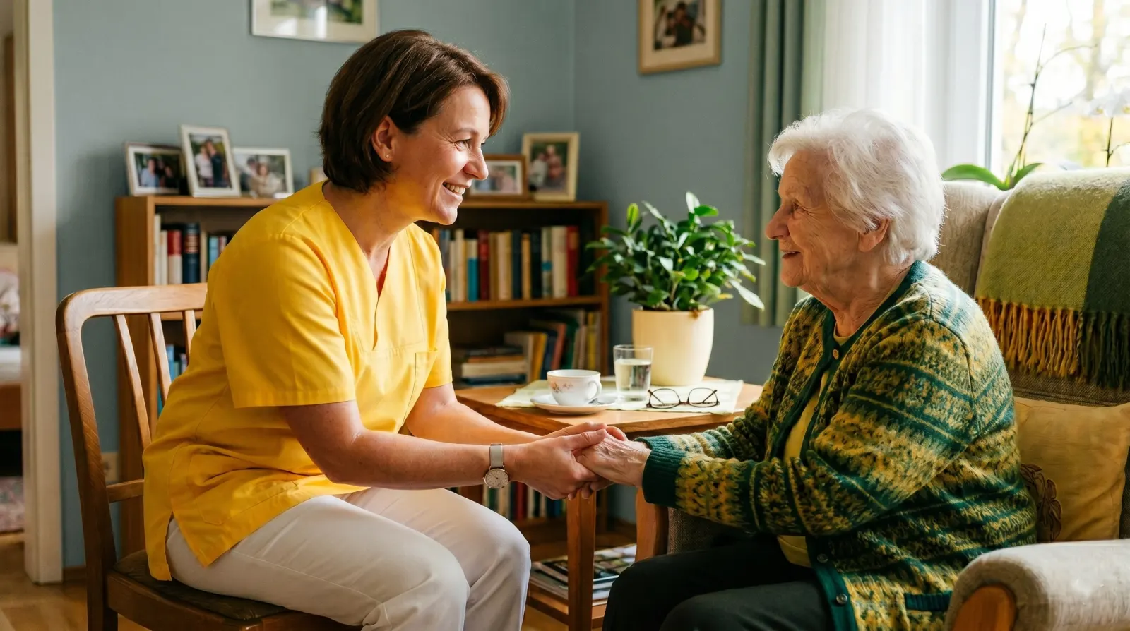 Eine Pflegekraft sitzt bei einer älteren Dame im Wohnzimmer und hält lächelnd ihre Hände.